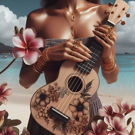 Summer holidays. A gorgeous woman with a ukulele, so happy and luxurious on a summer vacation, against the background of a sea view. The concept of travel and lifestyle.の素材