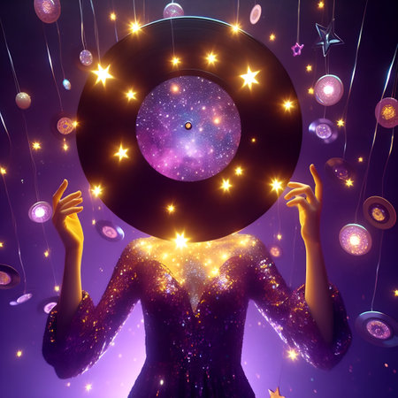 3d illustration of a beautiful woman with vinyl record on her headの素材