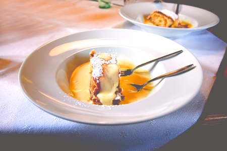 Closeup of a slice of Apfelstrudel with vanilla sauce? ?? a traditional Viennese strudel, a popular pastry in Austria, and Northern Italy. Apples, raisin, cinnamon, pine nuts make the filling.の写真素材