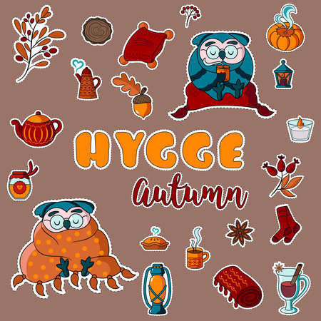Autumn stickers set with owl and pumpkinの写真素材