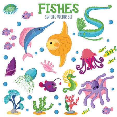 Sea life cartoon fish vector set. Vector illustration ocean creatures, moonfish, swordfish, osrfish, seahorse, shell isolated clipartのイラスト素材