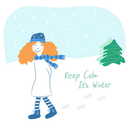 A girl walking in the snowのイラスト素材