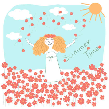 Redhead girl in the field of flowersのイラスト素材