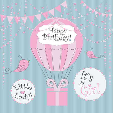 Vector Illustration. Perfect to newborn Birthday cards, postcards, stickers, labels, banners, posters and other things with balloon and gift box in pink and blue colors. Its a girl. Little ladyのイラスト素材