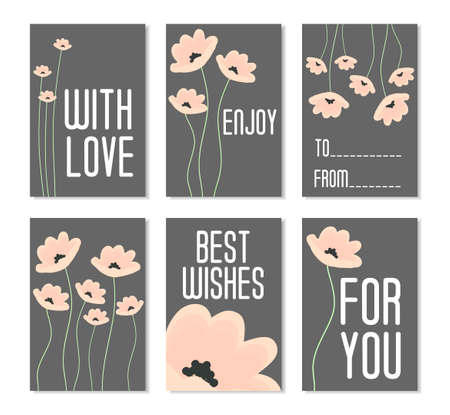 Set of grey cards with flower design ad white lettering.のイラスト素材