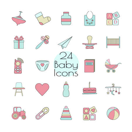 Big web icon set. Baby, toy, feed and care   colorful ready to use isolated icons on white background. Vector illustration.のイラスト素材