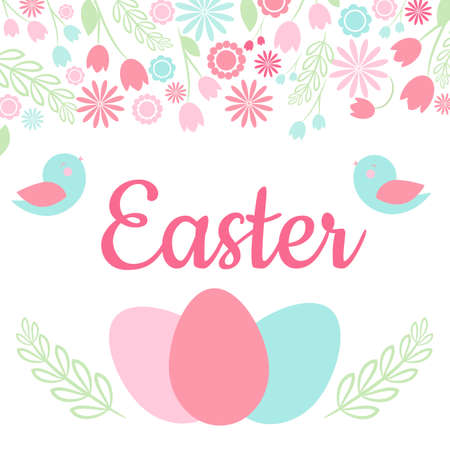 Easter Card with "Easter", spring floral frame, birds and easter eggs. Vector Illustration.のイラスト素材