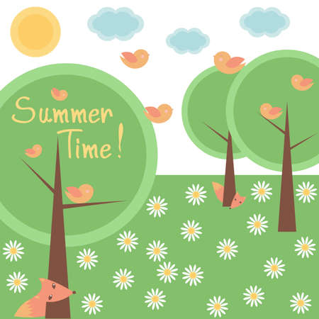 A Vector card with summer forest .Simple design of cute trees, birds and foxes and hand drawing text- Summer Timeのイラスト素材