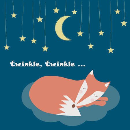 Vector card with feral tale background, sleeping fox and twinkle twinkle phrase. Perfect for kids banners, cards and other kids things.のイラスト素材