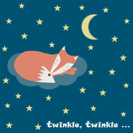Vector card with feral tale background, sleeping fox and twinkle twinkle phrase. Perfect for kids banners, cards and other kids things.のイラスト素材