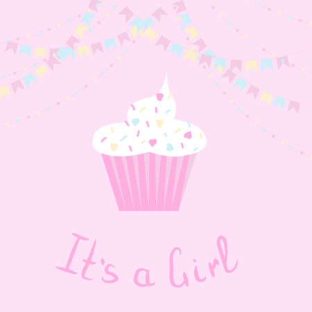 Illustrated card with cupcake and phrase "It`sa Girl" .Vector Illustration.のイラスト素材