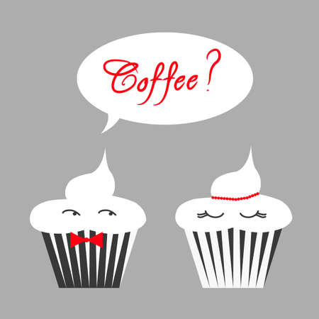 Illustrated card with two cupcakes and "Coffee?" phraseのイラスト素材