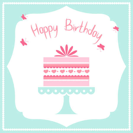 Card with "Happy Birthday", cute cake and butterfly. Vector Illustration.のイラスト素材