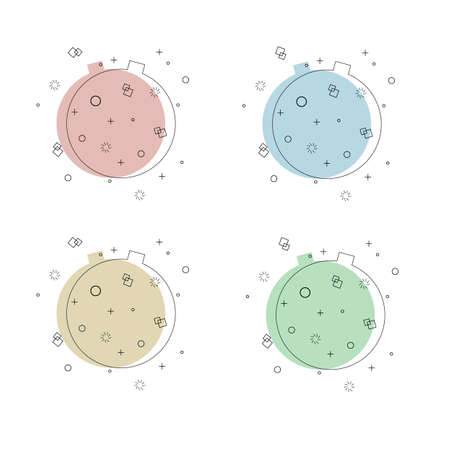 Set of trendy flat geometric vector background. Collection of  christmas balls in retro  design style. Vintage colors and shapes. Green, blue, rose and yellow colors.Vector Eps10.のイラスト素材