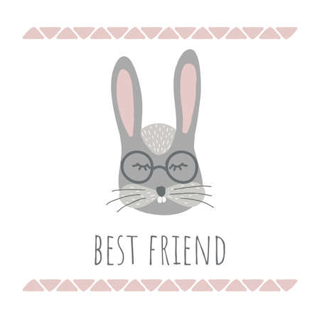 Vector Illustration with cute animal on white background. Funny bunny. Retro style. Best friend phrase. Perfect for kids cards, posters, book illustration and other design projects.のイラスト素材