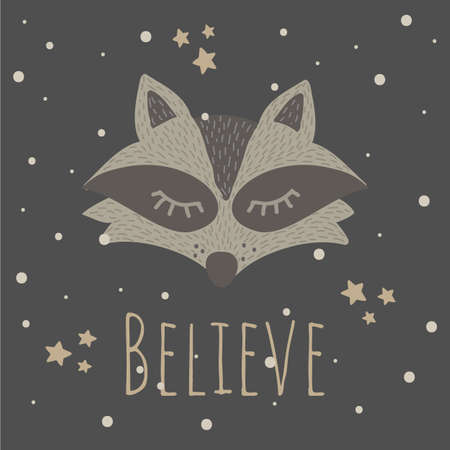Vector Illustration with cute animal on dark background. Funny Raccoon. Believe.Retro style. Perfect for kids cards, posters, book illustration and other design projects.のイラスト素材