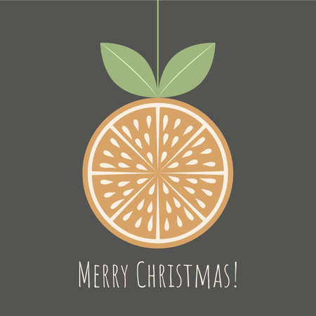 Christmas greeting card with citrus slice and Merry Christmas phrase on dark background.Retro style.Organic concept.  Perfect for cards, banners and other design projects.Vector.のイラスト素材