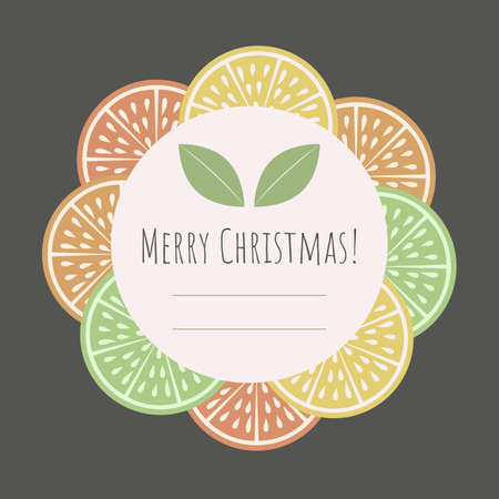 Christmas greeting card with citrus slice and Merry Christmas phrase.Template. Retro style.Organic concept.  Perfect for cards,posters, banners and other design projects.Vector.のイラスト素材