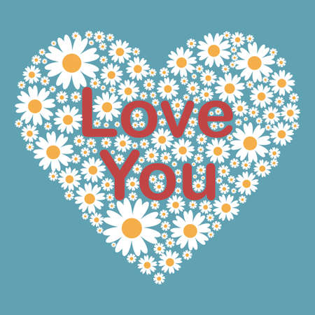 Greeting card with Love You phrase in red collor and a big floral heart with camomile flowers on bright blue background. Vector Illustration.Perfect for posters, banners, cards. Eps10.のイラスト素材
