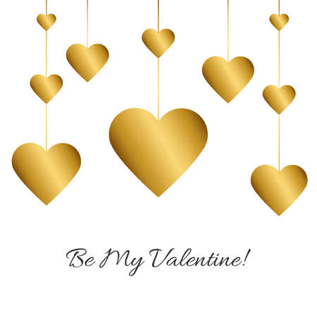 Vector illustration with gold garland of hearts and romantic phrase Be My Valentine! on white background. Simple Classic design. Eps 10.のイラスト素材
