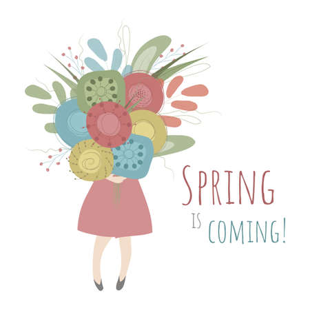 A girl is holding a big bouquet of colorful spring flowers. Vector illustration in white, res, blue, yellow and green colors  with romantic text Spring is Coming! Perfect for greeting cards, posters.のイラスト素材