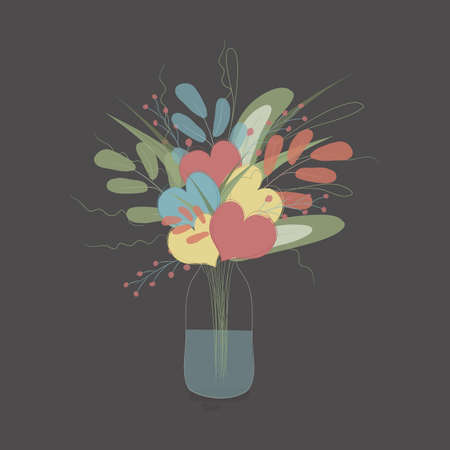 Spring bouquet of flowers and hearts in a bottle with water on dark background. Vintage illustration. Perfect for wall art, cards, posters, scrap booking and other design project. Vectorのイラスト素材