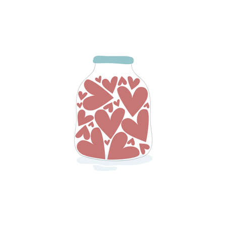 Vector illustration with cute red hearts  in the jar on white background. Romantic hand drawn illustration perfect for cards, poster, scrap booking or banners. Vector.のイラスト素材