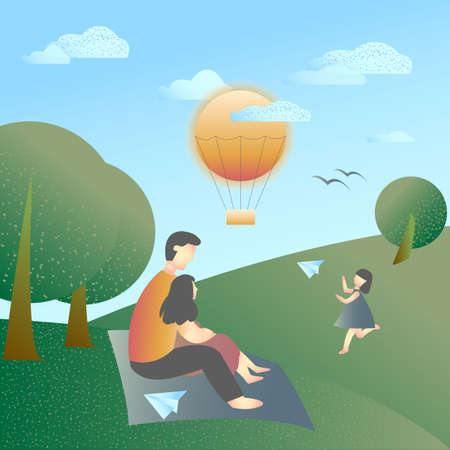 Vector  Illustration with green landscape, blue sky, happy family rest on the grass and a little girl with flying paper plane. Sunny day. Flat design.  Retro stile.のイラスト素材