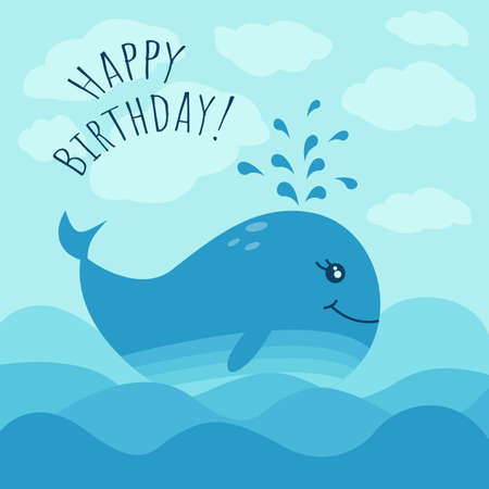 Happy birthday  greeting card with cute whale and sea waves. Vector illustration in blue colors. Cartoon style.のイラスト素材