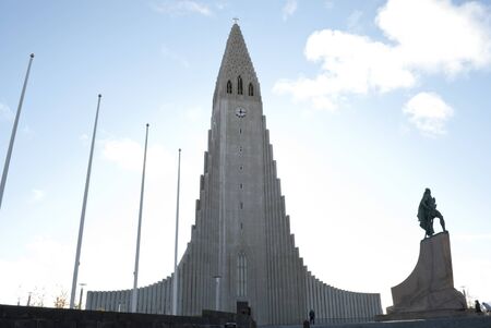 facade of Hallgrimskirkja church in Reykjavik with statue of Leif Eriksonの写真素材