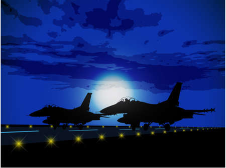 Silhouettes of military planes against the moonのイラスト素材