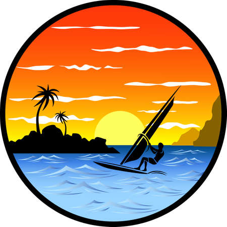 Windsurfer in the background of a sea landscape with blue sea, waves, stones, mountains, palms and cloudy skyのイラスト素材