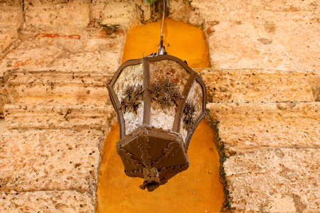 old lamp. Downtown. Spanish colonial style. Cartagena de Indias; Caribbean Colombiaの写真素材