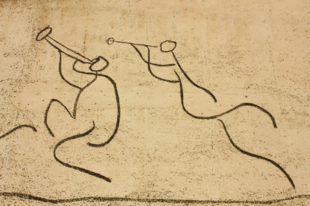 Detail of Children Frieze by Pablo Picasso, Cathedral Square, Barcelona, Catalonia, Spain. The College of Architects of Catalonia presents three friezes of Picasso. This he did on paper and was made by sculptor Carl Nesjar. Photo taken on: Oct 16, 2009.のeditorial素材