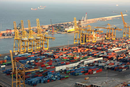 View of the industrial port of Barcelona from Montjuic Mountain.の写真素材