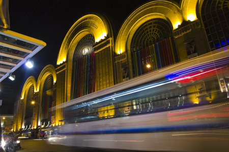 Corrientes Street by night. Abasto building facade at Buenos Aires, Argentinaのeditorial素材