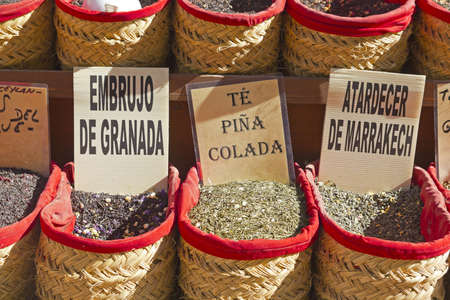 Beautiful display of dried Spices at in Oriental Market in Granada, Spainの写真素材