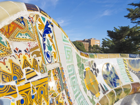 Mosaic seat of Park Guell designed by Antonio Gaudi on December 27, 2012 in Barcelona. Part of the UNESCO World Heritage Site Works of Antoni Gaudi.のeditorial素材