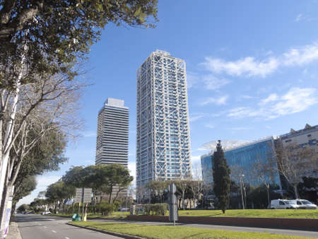 Two skyscrapers called Twins towers  Barcelona in Catalonia, Spain