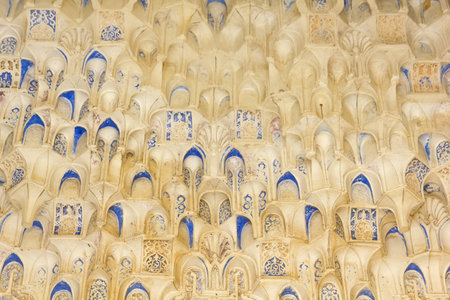 Canopy with stonework. Arabesques made with Arabic calligraphy. Hall of the two Sisters. Alhambra, Andalusia, Spain.のeditorial素材