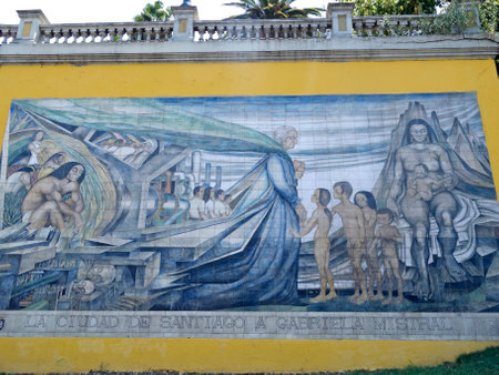SANTIAGO DE CHILE, CHILE - JAN 14: Mural tribute to Gabriela Mistral on January 14, 2014 in Santiago, Chile. Work of painter Fernando Daza, the poet Gabriela Mistral won the Nobel Prize for Literature in 1945.のeditorial素材