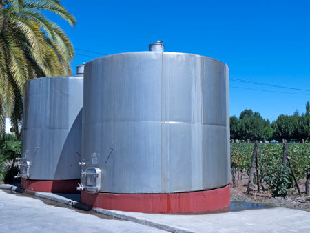 Some wine metallic fermentation tanks. Wine industry in Chileのeditorial素材