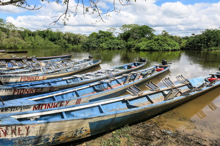 Santa Rosa - MAY 5: Boats in Madidi River on May 5, 2015 in Beni Region, Bolivia. The rivers are the main roads in the Amazon jungle.のeditorial素材
