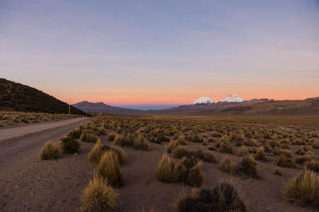 Sunset in Andes. Parinacota and Pomerade volcanos. High Andean landscape in the Andes. High Andean tundra landscape in the mountains of the Andes.の写真素材
