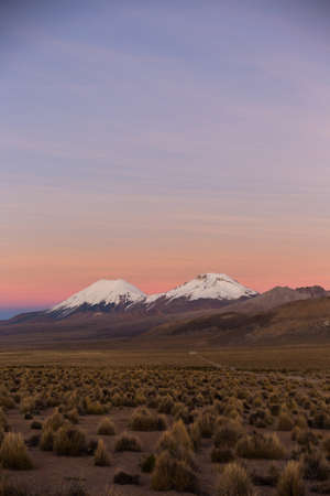 Sunset in Andes. Parinacota and Pomerade volcanos. High Andean landscape in the Andes. High Andean tundra landscape in the mountains of the Andes.の写真素材