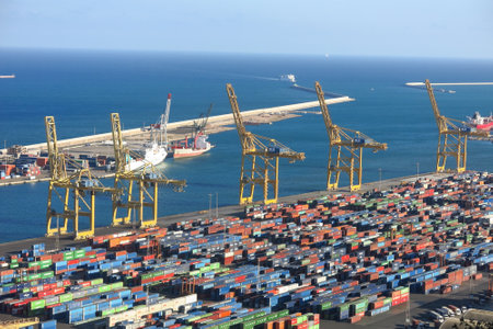 BARCELONA, SPAIN - JULY 23, 2015: Port of Barcelona - logistics port area in Barcelona. Has more than 3,000 metres of berthing line, 17 container cranesのeditorial素材
