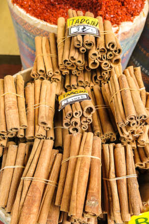 The famous oriental market. Typical cinnamon sticks in Istambul, Turkey
