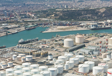 BARCELONA, SPAIN - MAY 23, 2014: Port of Barcelona - logistics port area in Barcelona. Has more than 3,000 metres of berthing lineのeditorial素材