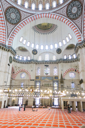 ISTANBUL, TURKEY - MAY 22, 2016: An interior view of Suleymaniye Mosque (Suleymaniye Camisi), Istanbul, Turkeyのeditorial素材