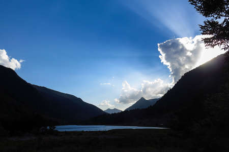 Llebreta pond. Panorama to Aiguestortes National Park in the Catalan Pyrenees, Spainの写真素材